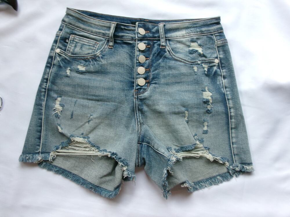 Judy Blue High Rise Button Fly Distressed Denim Shorts Medium Frayed Hem